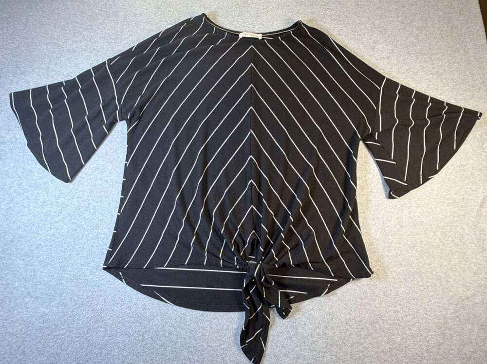 Ces Femme Black and White Striped Bell Sleeve Tie Front Top